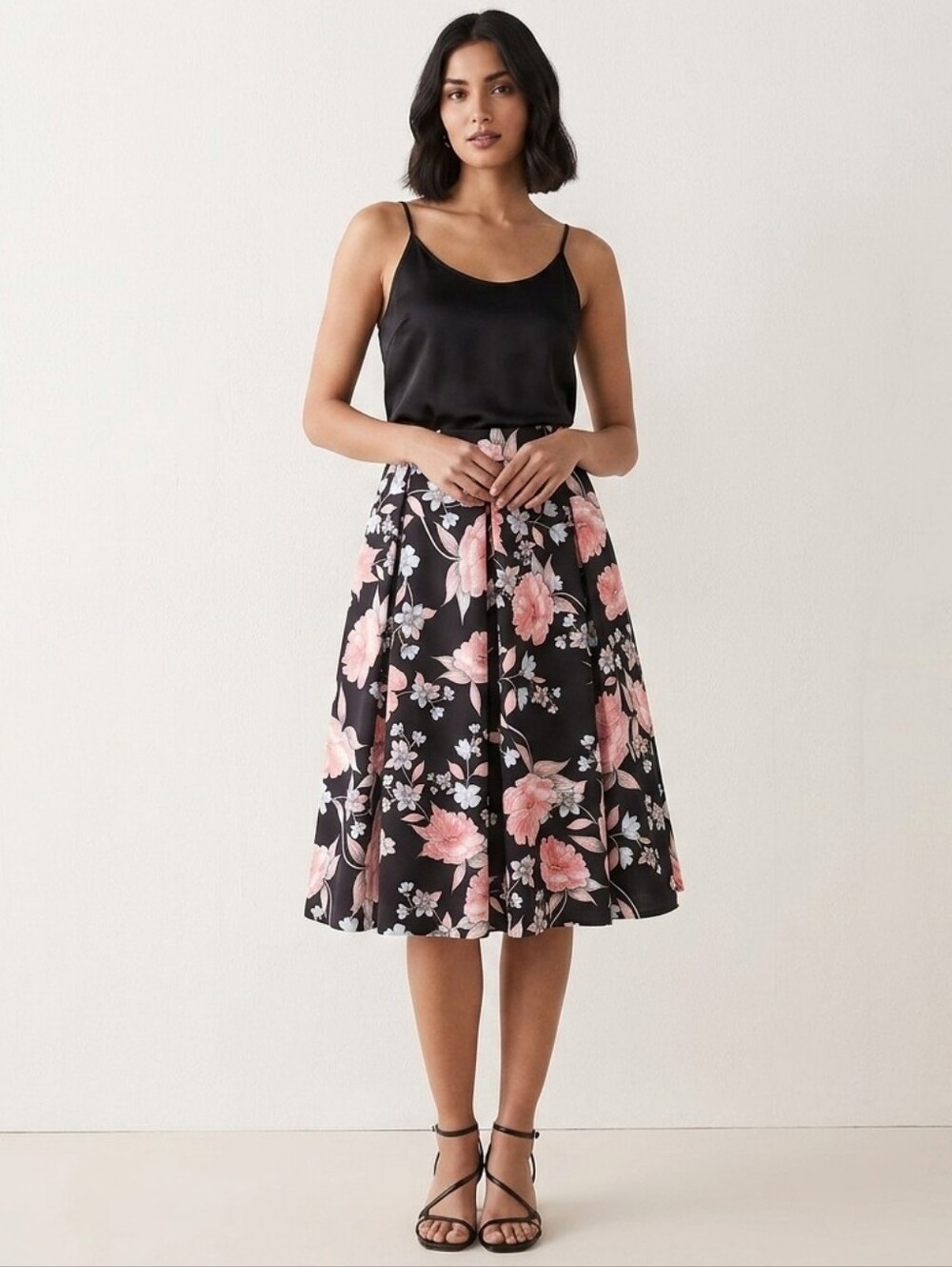 Eliza J navy floral print fit & flare faille skirt 8